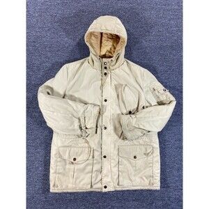 VINTAGE Challenger Jacket Mens Extra Large Beige Hooded Full Zip Winter Coat 90s
